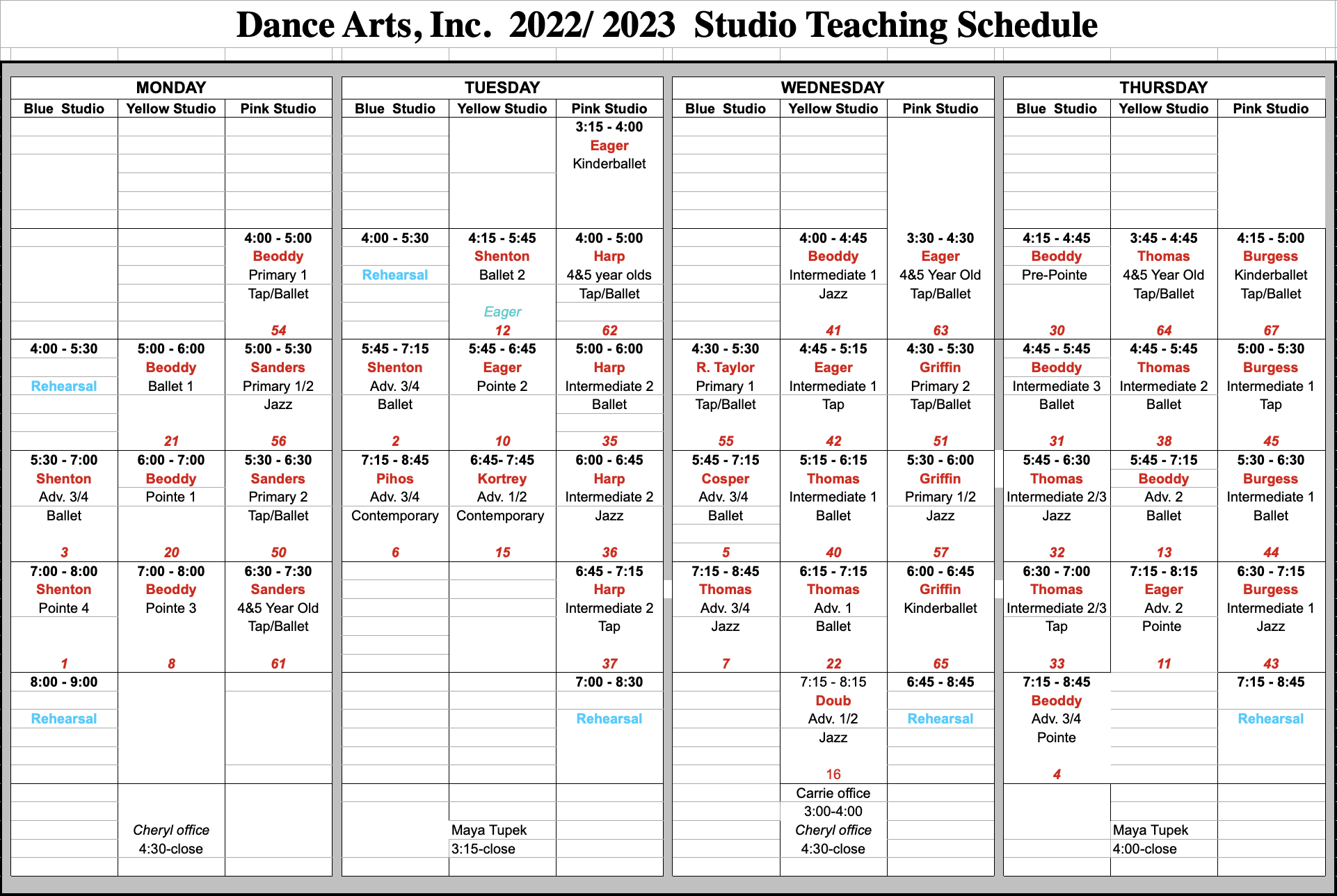 Studio Teaching Schedule